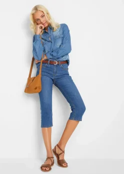 bonprix Bekleidung·Shirts & Tops|Jeans^Slim Jeans, Mid Waist, Capri blau used