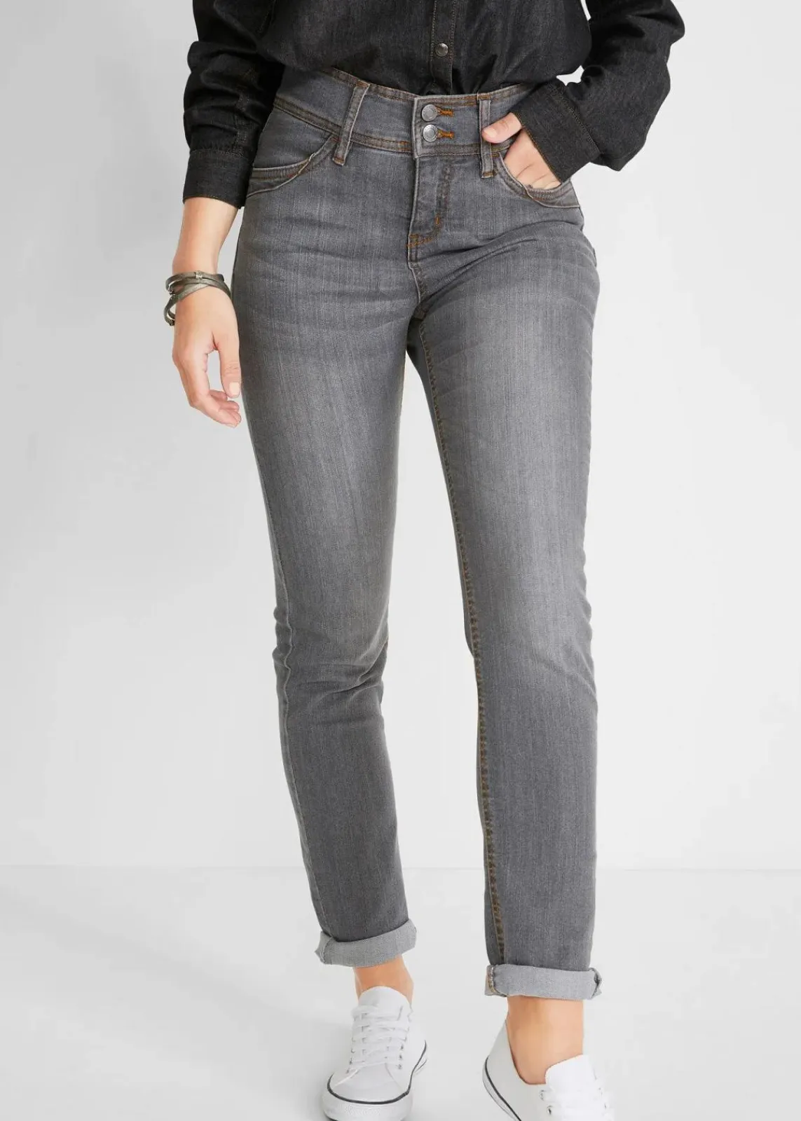 bonprix Jeans|Kurzgrößen^Slim-Fit-Jeans High Waist, Komfort-Stretch grau denim used