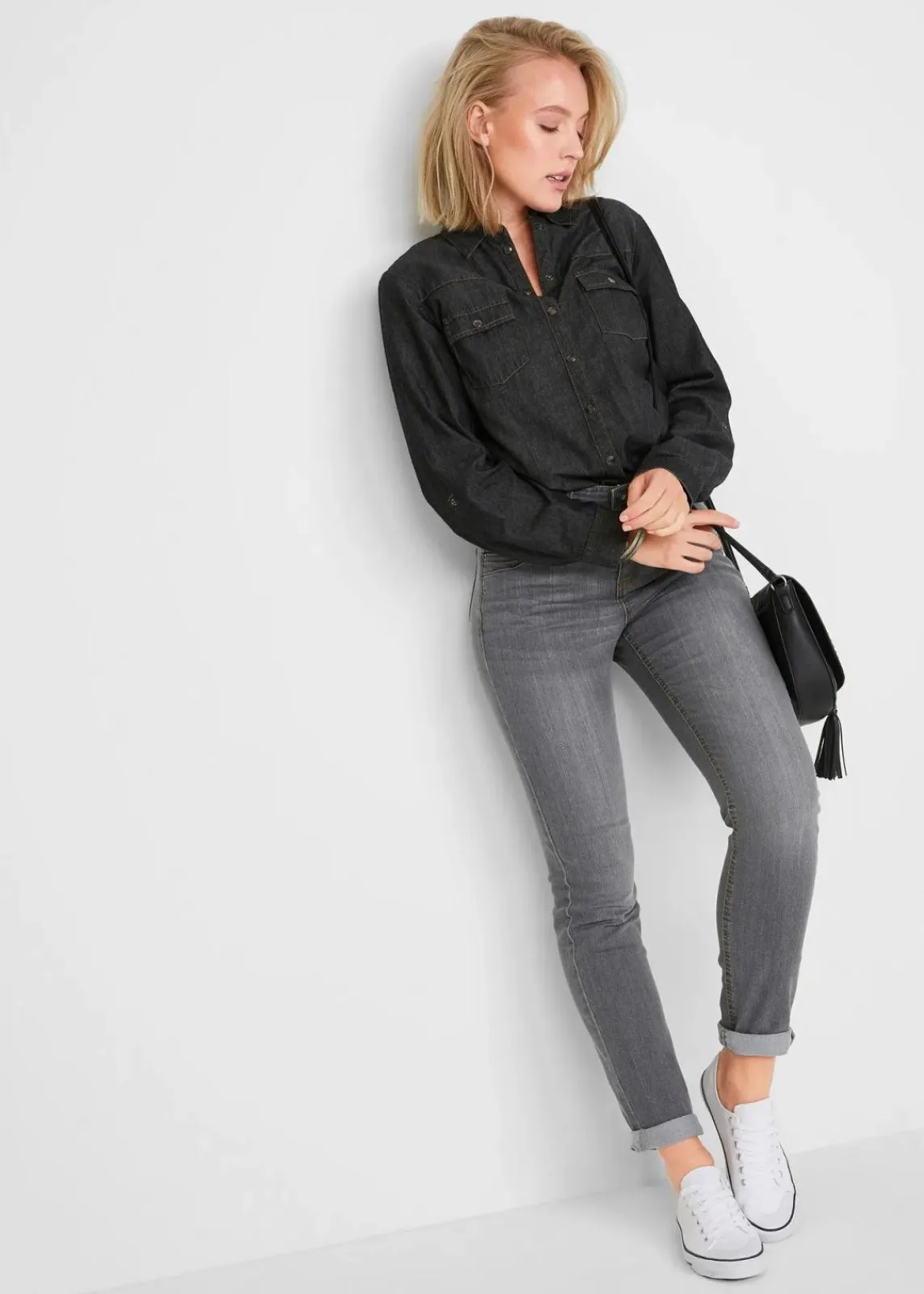 bonprix Jeans|Kurzgrößen^Slim-Fit-Jeans High Waist, Komfort-Stretch grau denim used