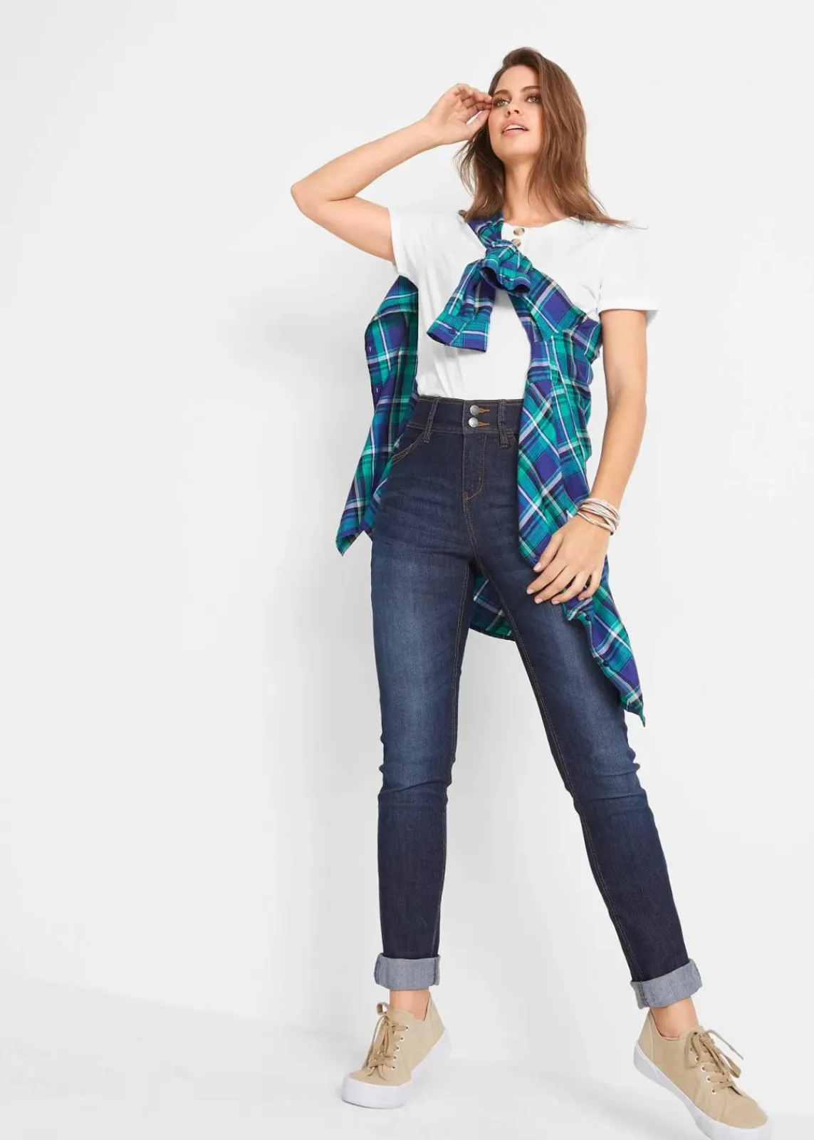 bonprix Jeans|Kurzgrößen^Slim-Fit-Jeans High Waist, Komfort-Stretch dunkelblau denim used