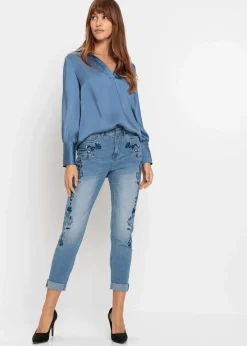 bonprix Bekleidung·Shirts & Tops|Jeans^Slim-Fit-Jeans, Mid Waist, cropped hellblau denim geblümt