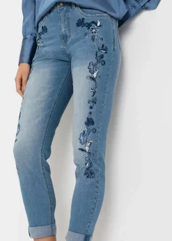 bonprix Bekleidung·Shirts & Tops|Jeans^Slim-Fit-Jeans, Mid Waist, cropped hellblau denim geblümt