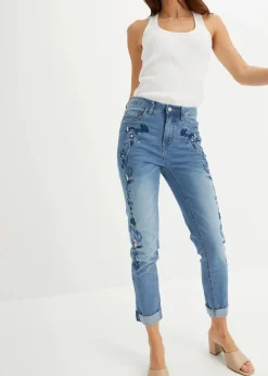 bonprix Bekleidung·Shirts & Tops|Jeans^Slim-Fit-Jeans, Mid Waist, cropped hellblau denim geblümt