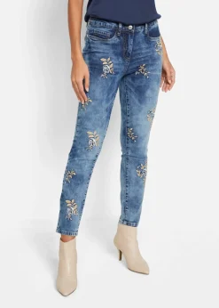 bonprix Bekleidung·Shirts & Tops|Jeans^Slim-Fit-Jeans mit floraler Stickerei blau denim