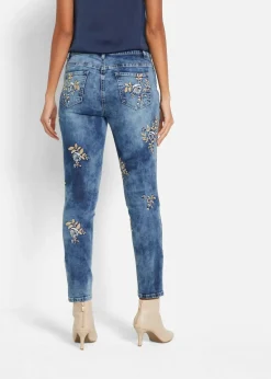 bonprix Bekleidung·Shirts & Tops|Jeans^Slim-Fit-Jeans mit floraler Stickerei blau denim