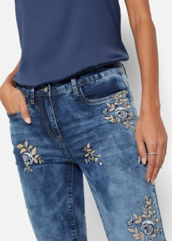 bonprix Bekleidung·Shirts & Tops|Jeans^Slim-Fit-Jeans mit floraler Stickerei blau denim