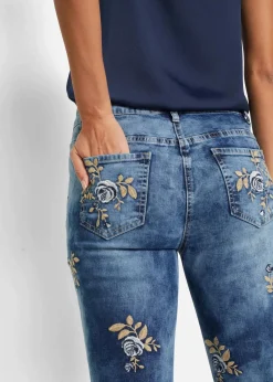 bonprix Bekleidung·Shirts & Tops|Jeans^Slim-Fit-Jeans mit floraler Stickerei blau denim