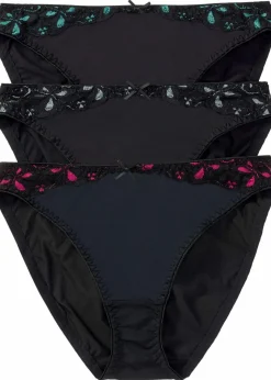 bonprix Wäsche·Dessous|Wäsche·Höschen^Slip mit Spitze (3er Pack) schwarz/pink + schwarz/grau + schwarz/türkis