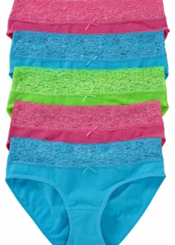 bonprix Höschen|Baumwollunterwäsche^Slip mit Spitze (5er Pack) türkis + pink + grün