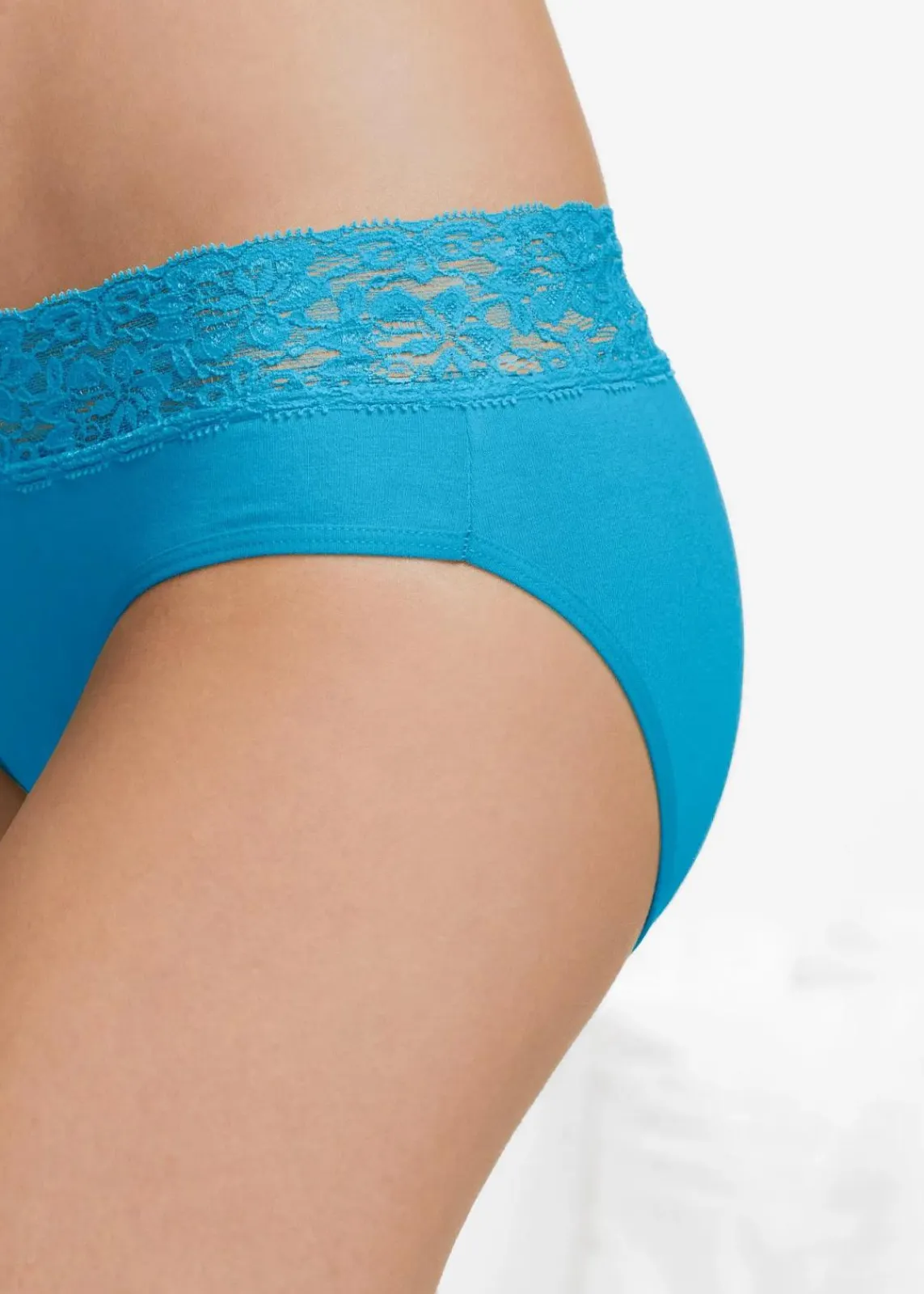 bonprix Höschen|Baumwollunterwäsche^Slip mit Spitze (5er Pack) türkis + pink + grün