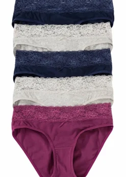 bonprix Höschen|Baumwollunterwäsche^Slip mit Spitze (5er Pack) hellgrau meliert + dunkelblau + beere