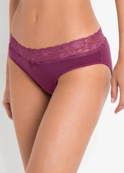 bonprix Höschen|Baumwollunterwäsche^Slip mit Spitze (5er Pack) hellgrau meliert + dunkelblau + beere
