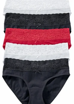 bonprix Höschen|Baumwollunterwäsche^Slip mit Spitze (5er Pack) schwarz + weiß + rot