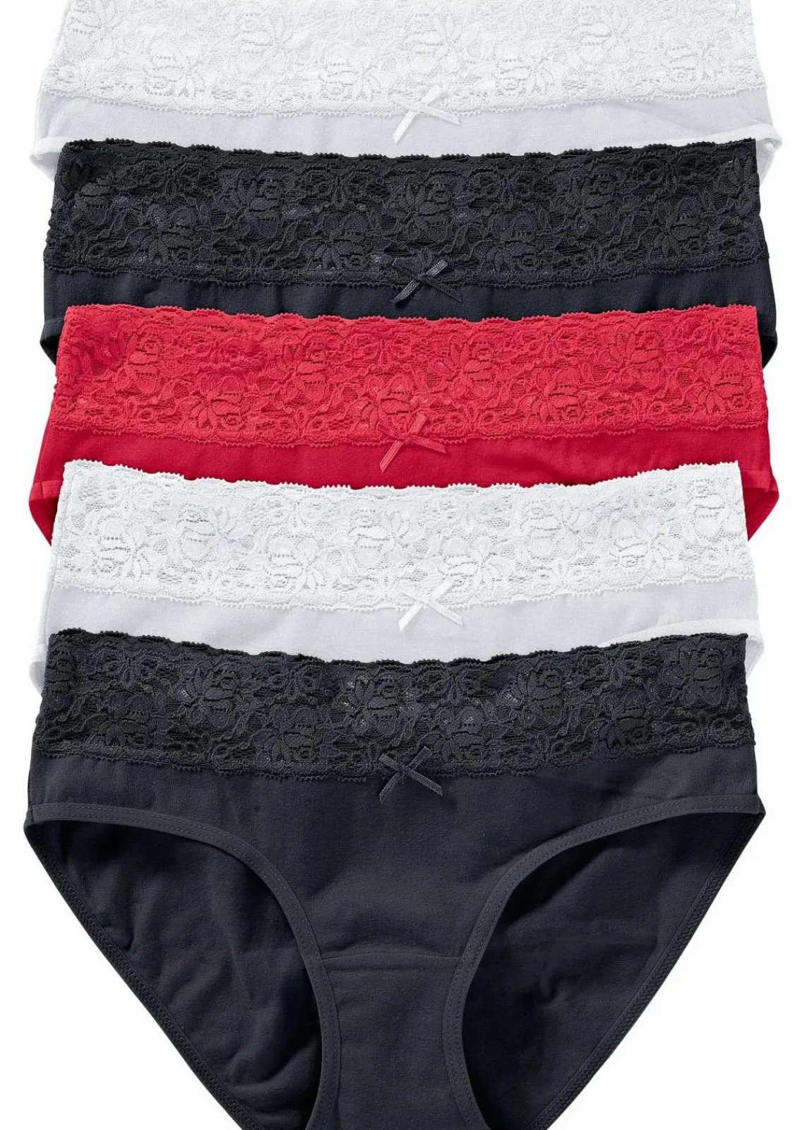 bonprix Höschen|Baumwollunterwäsche^Slip mit Spitze (5er Pack) schwarz + weiß + rot