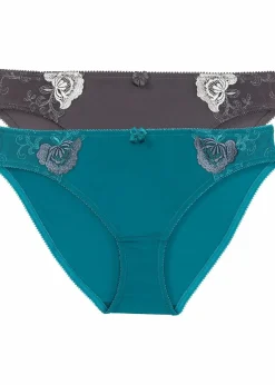 bonprix Wäsche·Höschen|Nachhaltigere Materialien^Slip mit Stickerei (2er Pack) kobalttürkis+grau geblümt