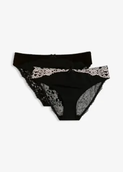 bonprix Wäsche·Dessous|Wäsche·Höschen^Slip mit zarter Spitze (2er Pack) schwarz/wollweiß + schwarz