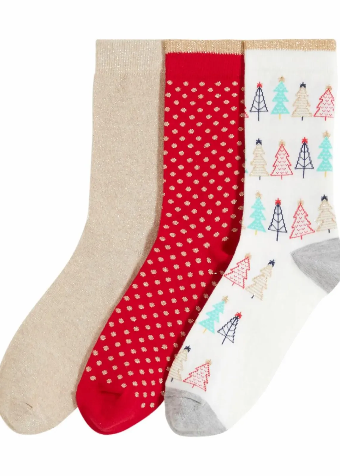 bonprix Nachhaltigere Materialien|Socken & Strumpfhosen^Socken mit Glitzergarn mit Bio-Baumwolle (3er Pack) rot gepunktet + bunt gemustert + goldbeige