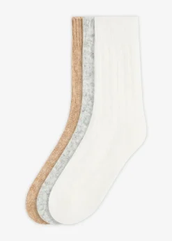bonprix Socken|Socken^Socken mit Zopfmuster (3er Pack) hellgrau meliert + wollweiß + beige meliert