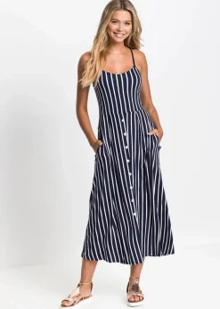 bonprix Kleider|Nachhaltigere Materialien^Sommerliches Jerseykleid mit Knopfleiste und Streifen dunkelblau/weiß gestreift