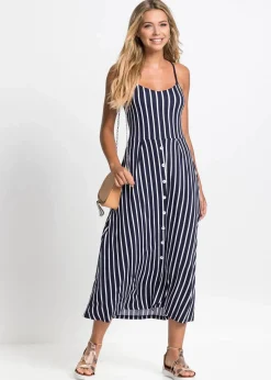 bonprix Kleider|Nachhaltigere Materialien^Sommerliches Jerseykleid mit Knopfleiste und Streifen dunkelblau/weiß gestreift