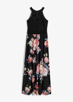 bonprix Kleider|Bekleidung·Pullover & Strickjacken^Sommer-Maxikleid mit Blumen-Print und Spitze schwarz / rosa geblümt