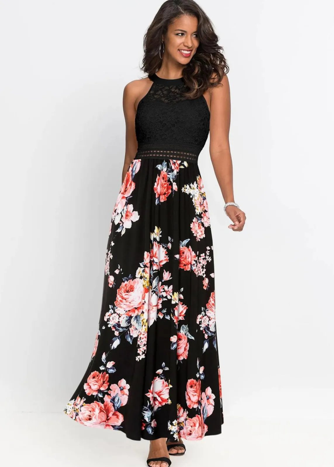 bonprix Kleider|Bekleidung·Pullover & Strickjacken^Sommer-Maxikleid mit Blumen-Print und Spitze schwarz / rosa geblümt