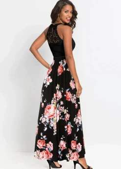 bonprix Kleider|Bekleidung·Pullover & Strickjacken^Sommer-Maxikleid mit Blumen-Print und Spitze schwarz / rosa geblümt