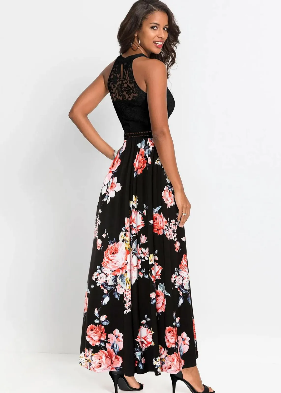 bonprix Kleider|Bekleidung·Pullover & Strickjacken^Sommer-Maxikleid mit Blumen-Print und Spitze schwarz / rosa geblümt