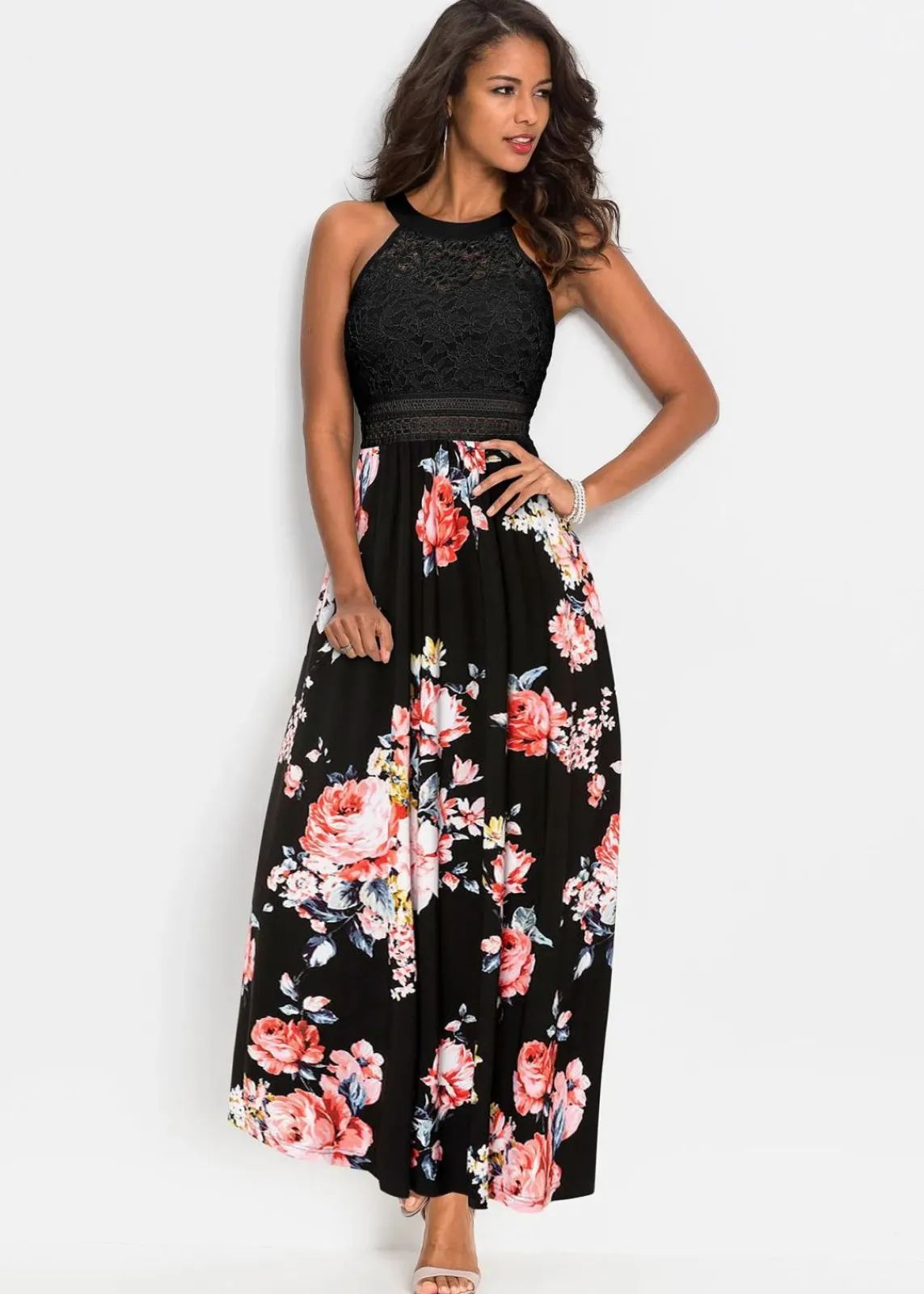 bonprix Kleider|Bekleidung·Pullover & Strickjacken^Sommer-Maxikleid mit Blumen-Print und Spitze schwarz / rosa geblümt