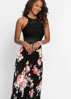 bonprix Kleider|Bekleidung·Pullover & Strickjacken^Sommer-Maxikleid mit Blumen-Print und Spitze schwarz / rosa geblümt