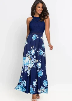bonprix Bekleidung·Pullover & Strickjacken|Kleider^Sommer-Maxikleid mit Blumen-Print und Spitze dunkelblau/lila/rosa geblümt