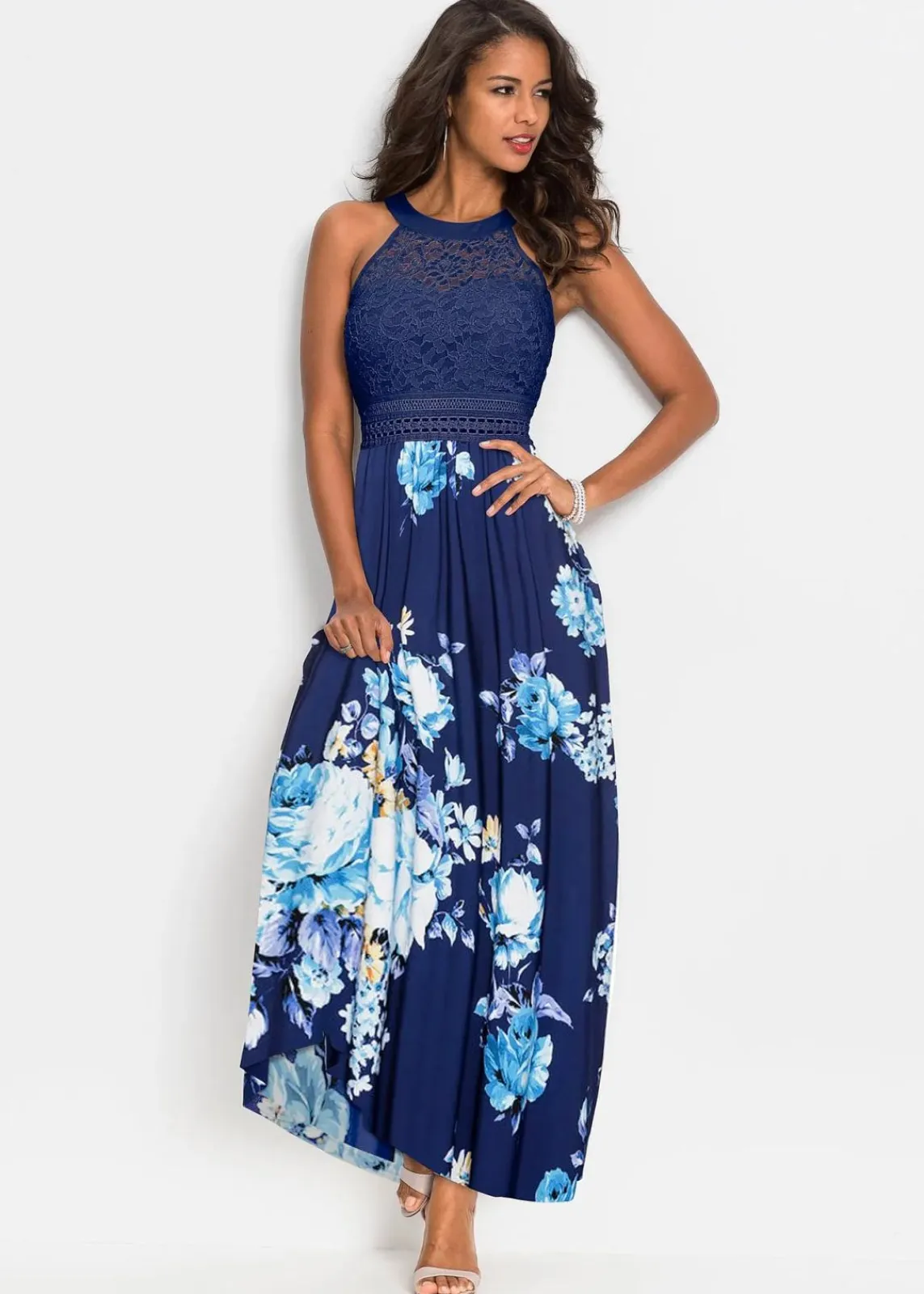 bonprix Bekleidung·Pullover & Strickjacken|Kleider^Sommer-Maxikleid mit Blumen-Print und Spitze dunkelblau/lila/rosa geblümt