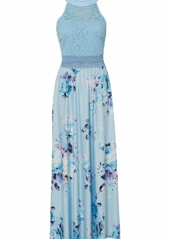 bonprix Kleider|Bekleidung·Pullover & Strickjacken^Sommer-Maxikleid mit Blumen-Print und Spitze hellblau/rosa geblümt
