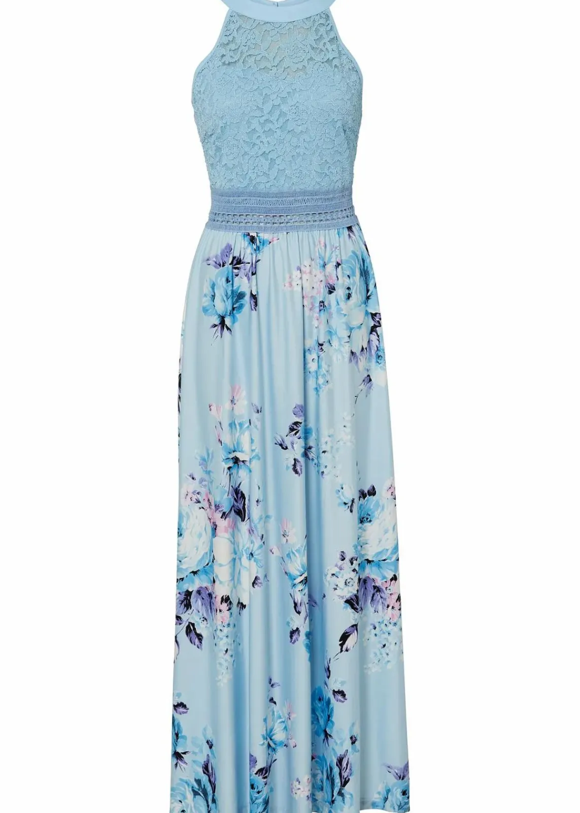 bonprix Kleider|Bekleidung·Pullover & Strickjacken^Sommer-Maxikleid mit Blumen-Print und Spitze hellblau/rosa geblümt