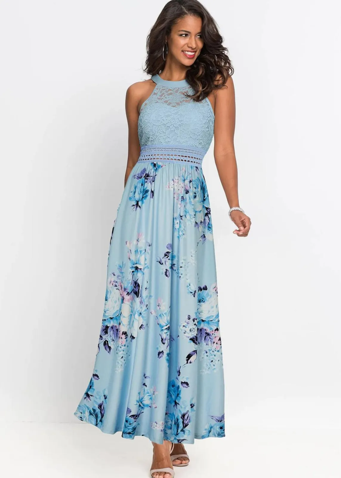 bonprix Kleider|Bekleidung·Pullover & Strickjacken^Sommer-Maxikleid mit Blumen-Print und Spitze hellblau/rosa geblümt