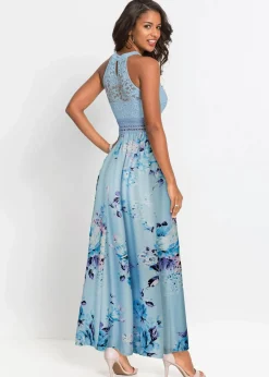 bonprix Kleider|Bekleidung·Pullover & Strickjacken^Sommer-Maxikleid mit Blumen-Print und Spitze hellblau/rosa geblümt