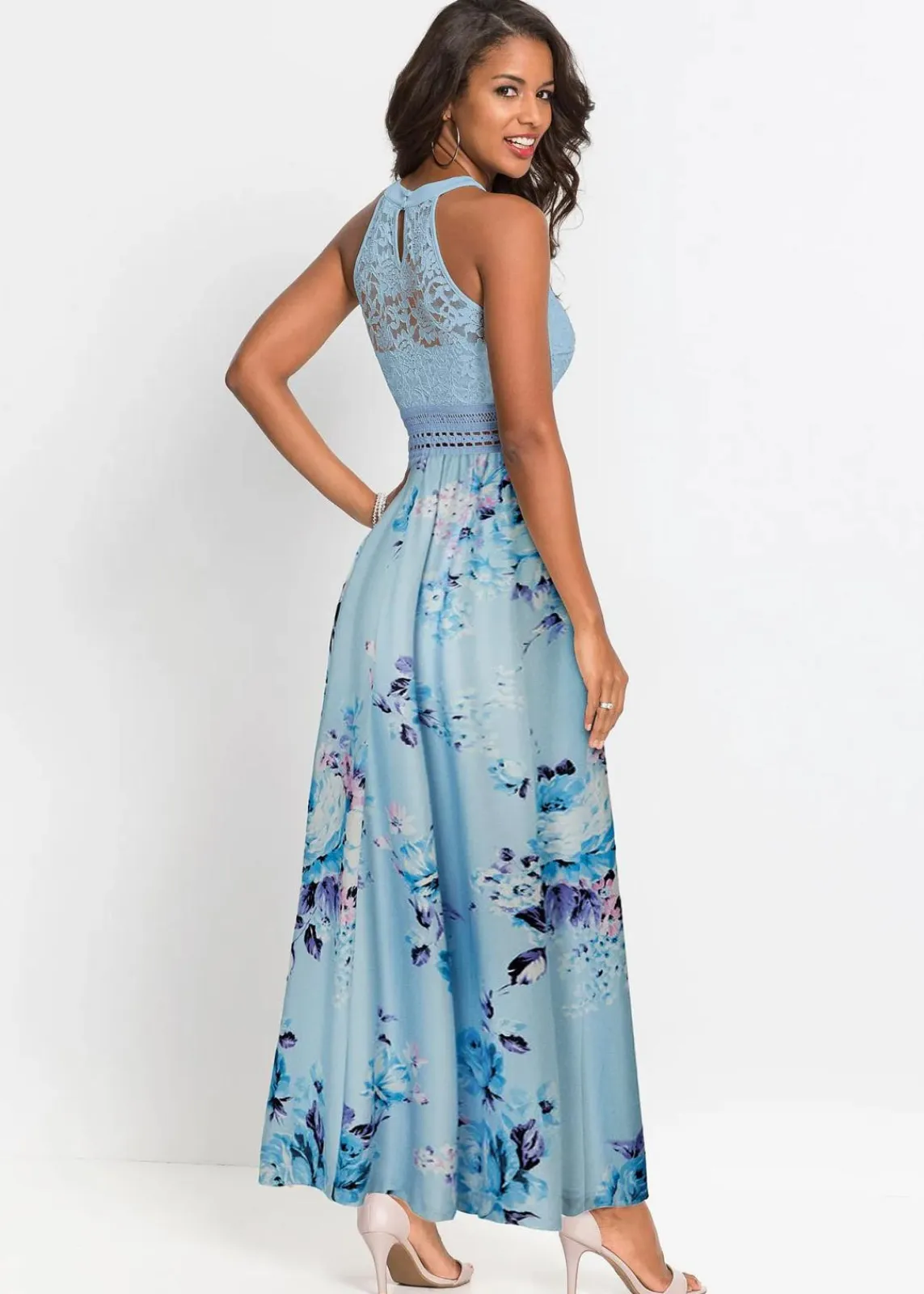 bonprix Kleider|Bekleidung·Pullover & Strickjacken^Sommer-Maxikleid mit Blumen-Print und Spitze hellblau/rosa geblümt