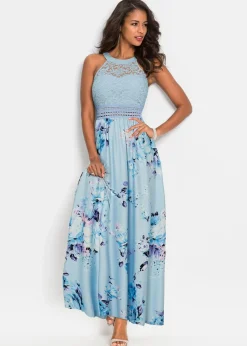 bonprix Kleider|Bekleidung·Pullover & Strickjacken^Sommer-Maxikleid mit Blumen-Print und Spitze hellblau/rosa geblümt