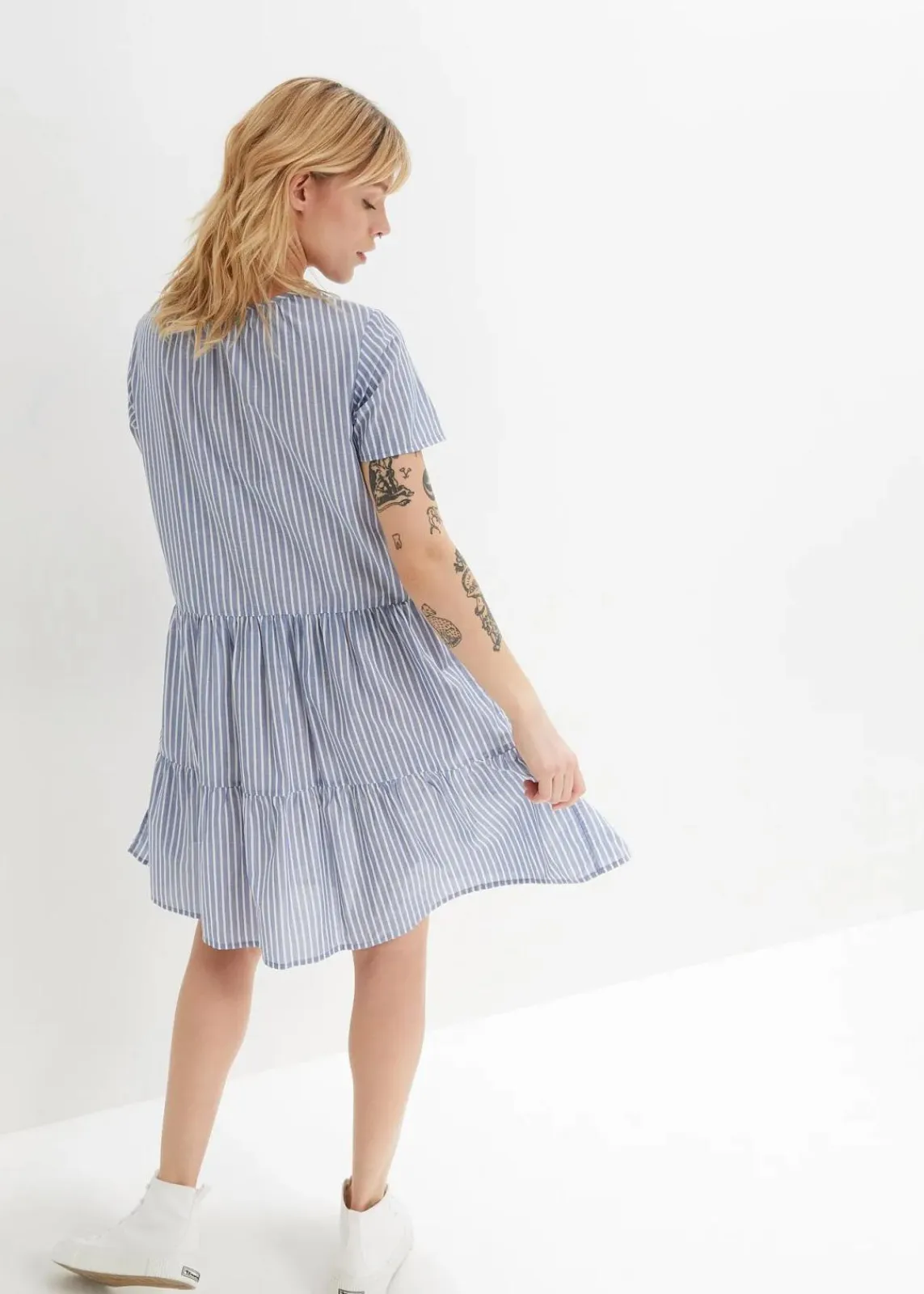 bonprix Bekleidung·Pullover & Strickjacken|Kleider^Sommer-Tunika-Kleid aus reiner Baumwolle hellindigo/weiß längs gestreift