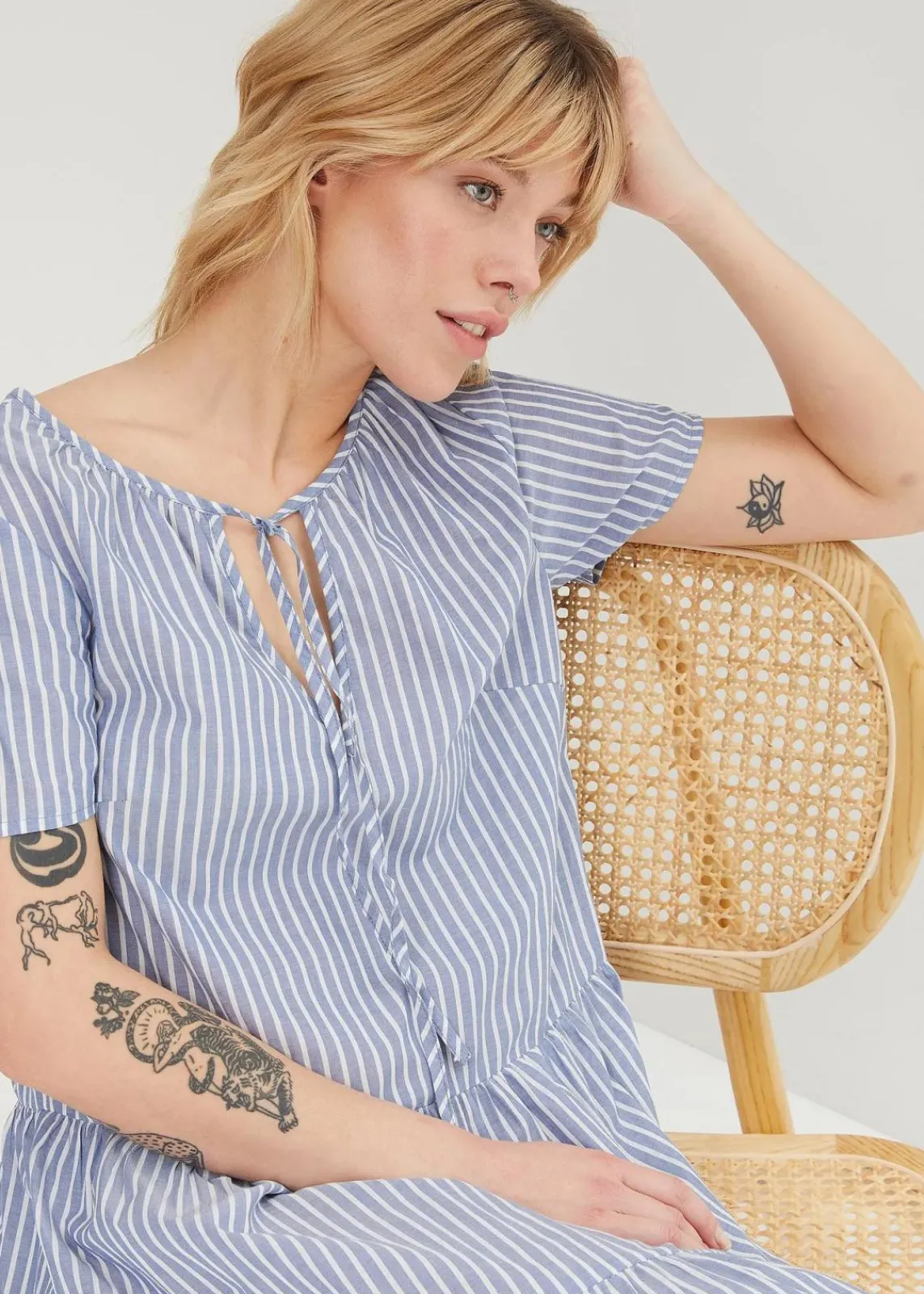 bonprix Bekleidung·Pullover & Strickjacken|Kleider^Sommer-Tunika-Kleid aus reiner Baumwolle hellindigo/weiß längs gestreift