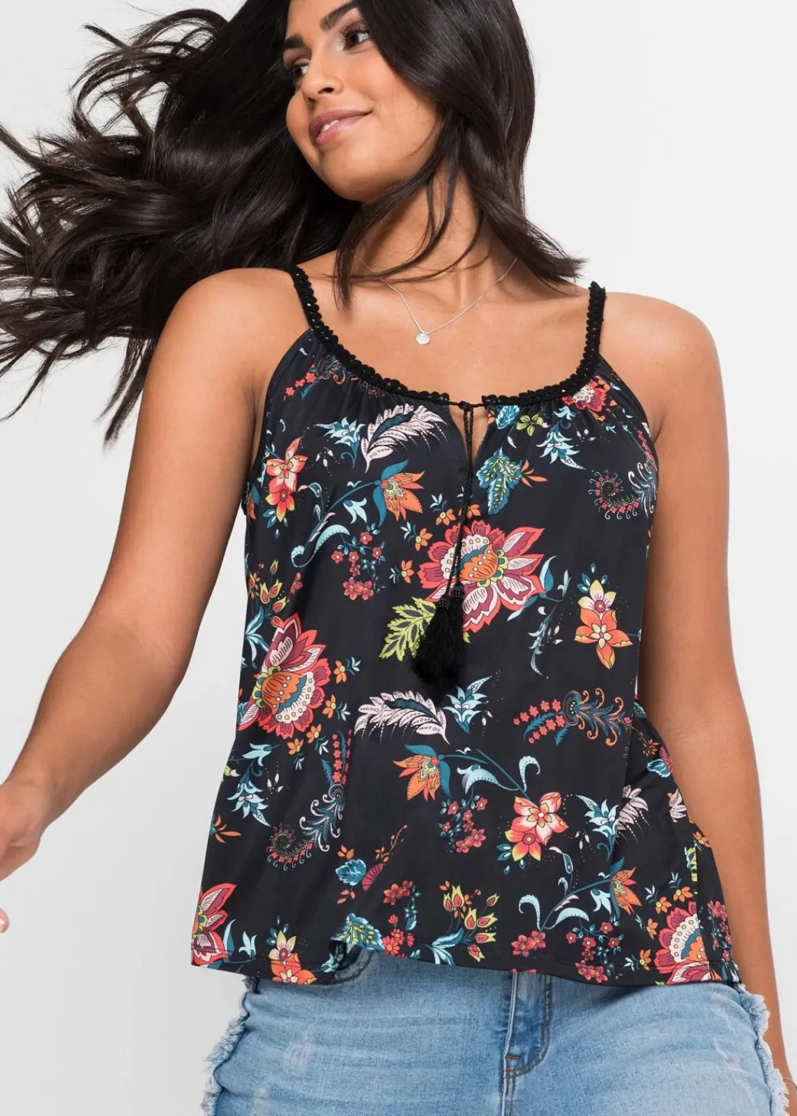 bonprix Nachhaltigere Materialien|Shirts & Tops^Spaghettiträger-Top schwarz geblümt