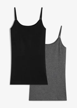 bonprix Shirts & Tops|Basics^Spaghettiträger-Top aus reiner Baumwolle, 2er Pack schwarz + grau meliert