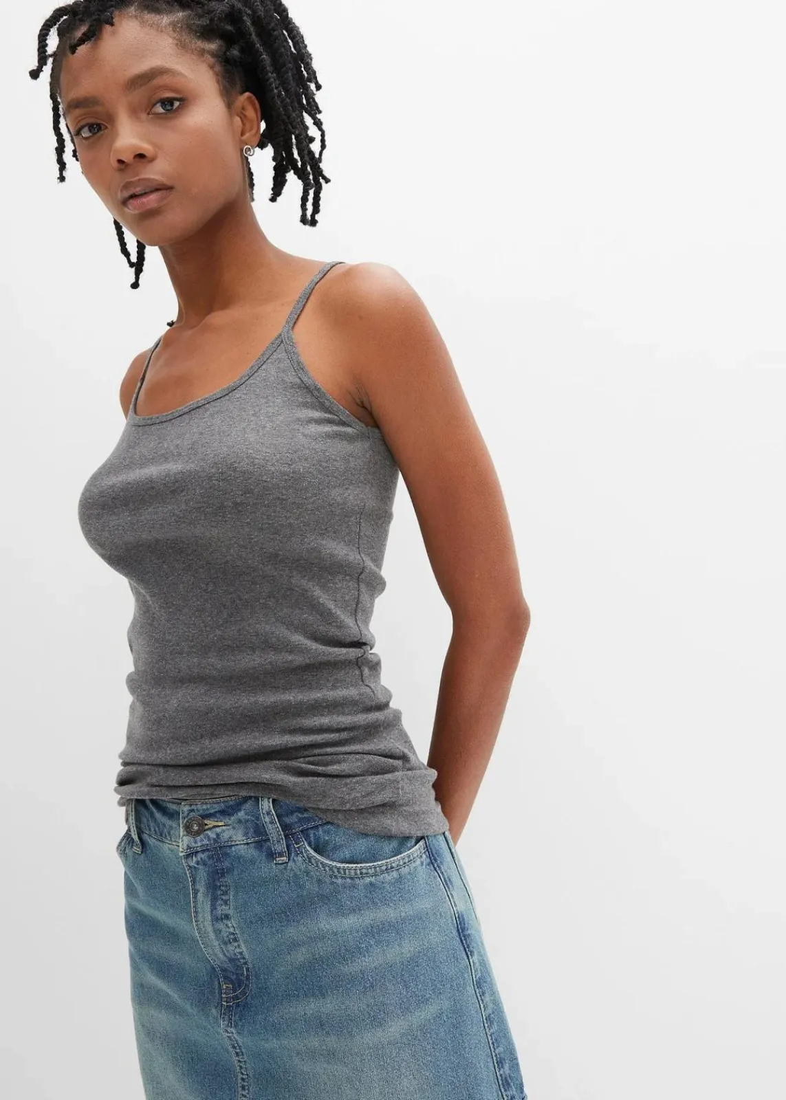 bonprix Shirts & Tops|Basics^Spaghettiträger-Top aus reiner Baumwolle, 2er Pack schwarz + grau meliert