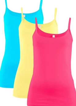 bonprix Shirts & Tops|Basics^Spaghettiträger-Top aus reiner Baumwolle (3er Pack) helllimone + dunkelpink + karibikblau
