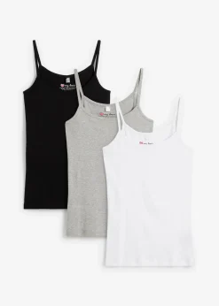 bonprix Shirts & Tops|Basics^Spaghettiträger-Top aus reiner Baumwolle (3er Pack) weiß + hellgrau meliert + schwarz