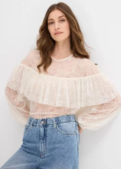 bonprix Bekleidung·Jacken & Mäntel|Blusen & Tuniken^Spitzenbluse wollweiß