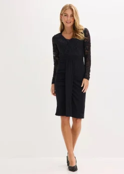 bonprix Bekleidung·Pullover & Strickjacken|Kleider^Spitzenkleid mit Drapierung schwarz