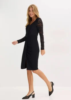 bonprix Bekleidung·Pullover & Strickjacken|Kleider^Spitzenkleid mit Drapierung schwarz