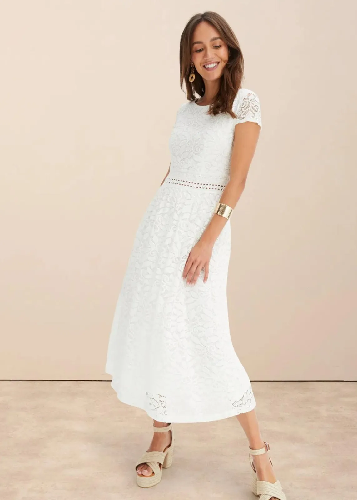 bonprix Kleider^Spitzenkleid mit Häkel-Einsatz in der Taille wollweiß