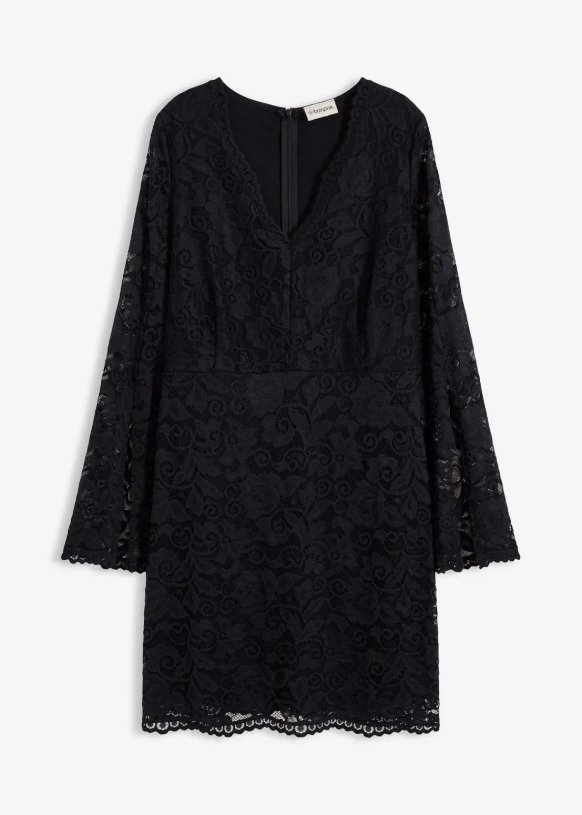 bonprix Bekleidung·Pullover & Strickjacken|Kleider^Spitzenkleid mit Trompetenärmeln schwarz